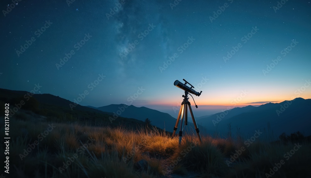 Fototapeta premium Telescope on tripod points at starry night sky over mountain landscape. Astrophotography equipment ready for capturing deep space images. Exploring universe during twilight.