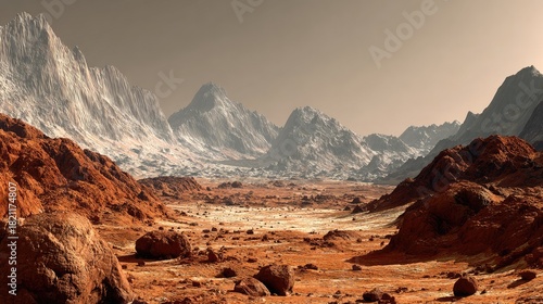 Barren landscape with mountains and red terrain under a cloudy sky
