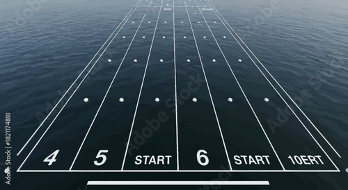 Aerial view of a water surface marked with lanes and numbers for a race.