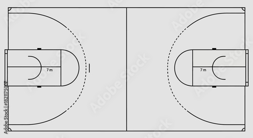 Overhead view of a basketball court diagram, showing the layout with lines, arcs, and rectangular areas.