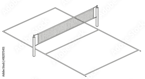 Isometric view of a volleyball court with net and boundary lines, presented as a simple line drawing.