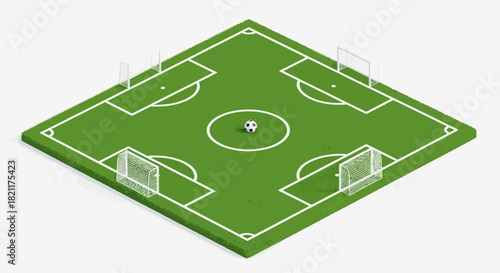 Isometric view of a soccer field with four goals and a ball in the center circle.