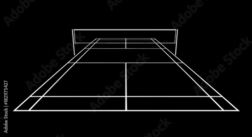 A white line drawing of a badminton court viewed from one end against a black background.
