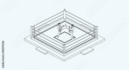 Isometric illustration of two boxers facing each other in a boxing ring, ready to fight.