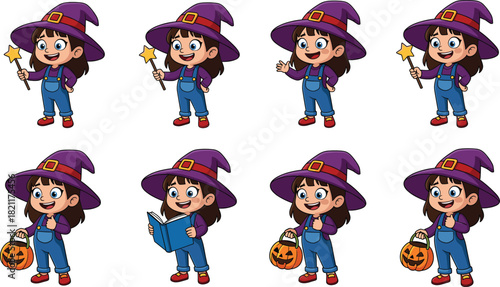 Cute Cartoon Girl Witch Vector Set in Eight Poses: Holding Magic Wand and Pumpkin Bucket, Reading, and Waving, Ideal for Halloween and Children's Graphics