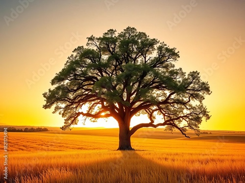 A single, majestic oak tree standing alone in a golden, sun-drenched field at sunset,  scenic,  agrarian