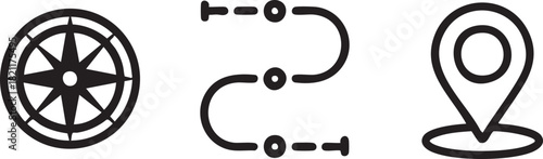 Navigation Line Icons Set Vector outline symbols of Compass Travel Route Path and Location Pin Minimalist Map elements for UI and Web