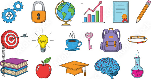 Hand-Drawn Education and Business Vector Set: Lightbulb Idea, Globe, Gears, Growth Chart, Books, Brain, Diploma, and Target for Learning and Strategy Graphics