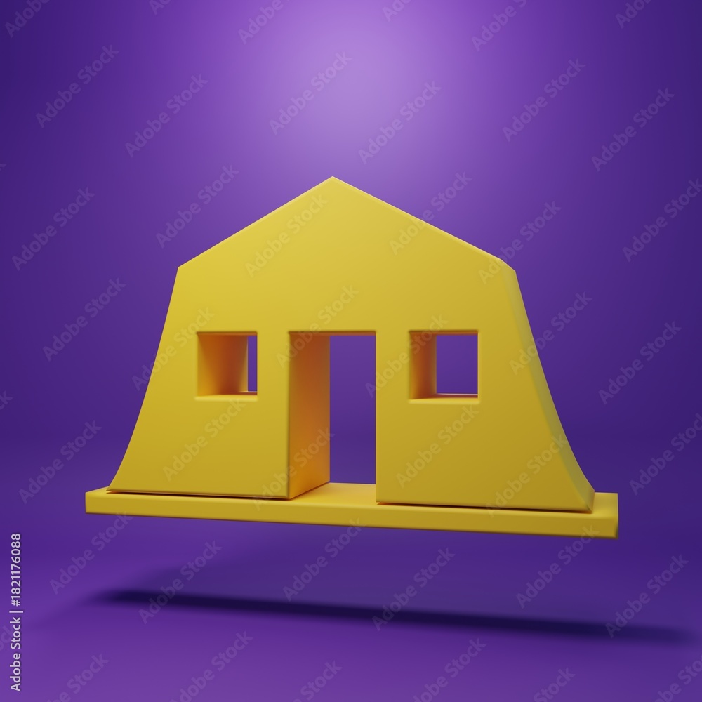 Naklejka premium Yellow Military barracks station icon isolated on purple background. Airstrikes architecture army. Minimalism concept. 3D render illustration