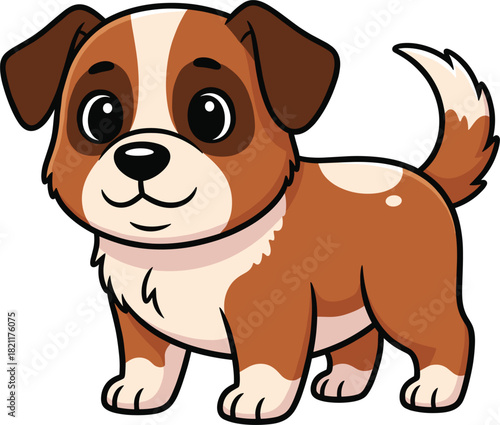 Cute Cartoon Puppy Dog Vector Illustration with Brown and White Fur, Standing Happily, Ideal for Children's Design, Pet Care, Mascot, and Animal Graphics