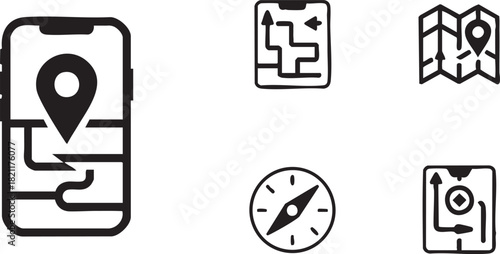 Mobile GPS and Map Navigation Icons Set Vector symbols of Smartphone Route Folded Map Compass and Location Pin
