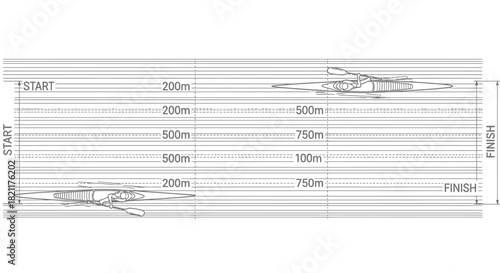 Overhead illustration depicting a rowing competition, showing boats and distances.