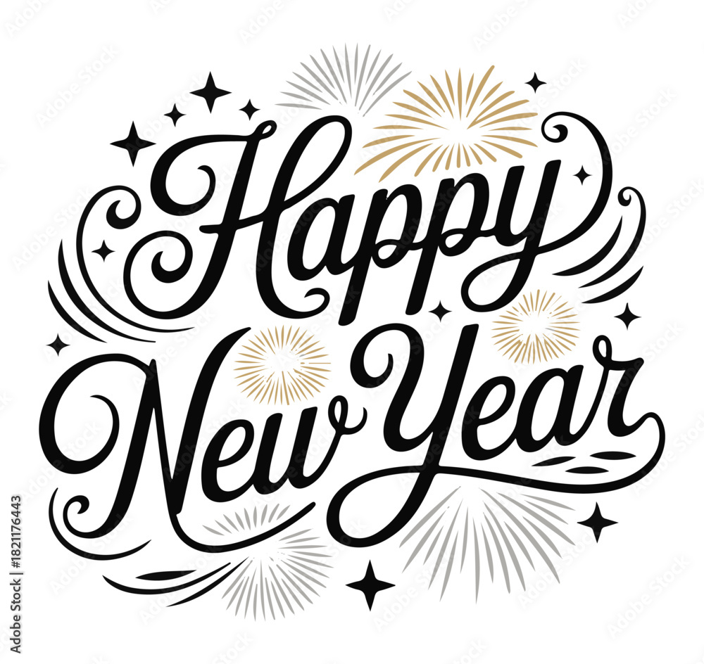 Obraz premium Happy New Year calligraphy with fireworks vector lettering design for holiday greeting cards and inv