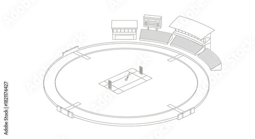 A line drawing of a stadium with a sports field, stands, and a scoreboard.