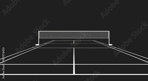 Low angle view of a tennis court with a net, lines, and a dark background.
