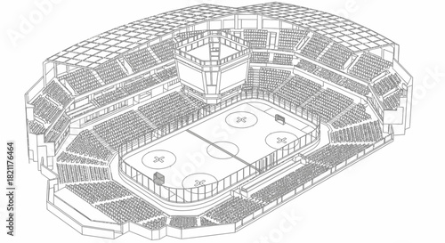 An overhead, outlined view of an ice hockey arena with seating, scoreboard, and rink markings.