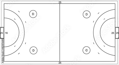 Overhead schematic of a handball court with lines, goals, and markings.