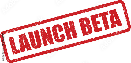 Grungy rectangular rubber stamp mark displaying a clear message for a new software beta release