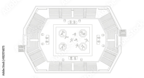 Architectural plan view of a sports arena with seating around a central playing field, including figures and equipment.
