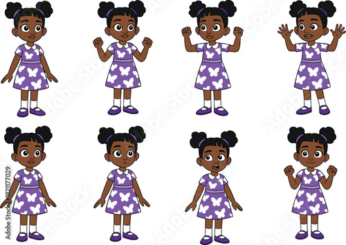 Cute Cartoon African American Girl Vector Set in Eight Expressive Poses, Showing Different Emotions and Gestures, Ideal for Childhood, Animation, and Education Graphics.