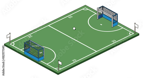 Isometric view of a soccer field with goals, flags, and a ball.