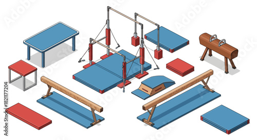 Isometric illustration showcasing various gymnastics equipment, including bars, beams, and mats.