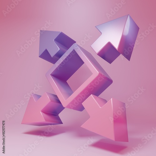 Purple-pink Many ways directional arrow icon isolated on pink background. Minimalism concept. 3D render illustration