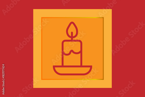 This is a minimalist digital graphic depicting a burning candle on a small dish or saucer. The entire illustration is rendered in a simple red-orange outline.