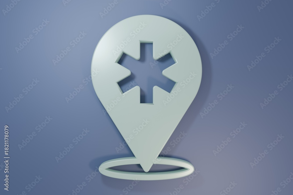 Obraz premium Grey Medical map pointer with cross hospital icon isolated on purple-blue background. Minimalism concept. 3D render illustration