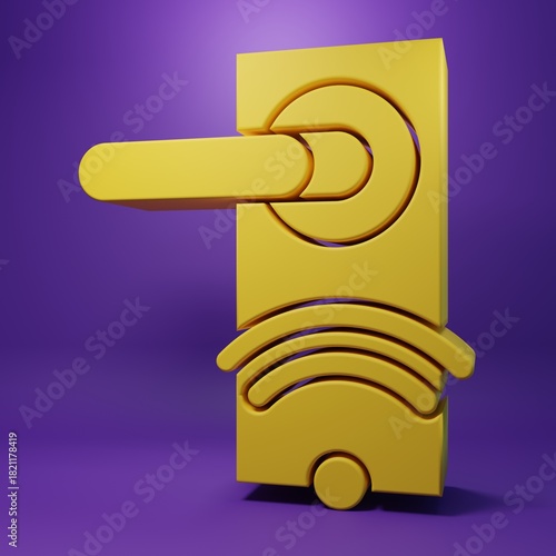 Yellow Digital door lock with wireless technology for unlock icon isolated on purple background. Door handle sign. Security smart home. Minimalism concept. 3D render illustration