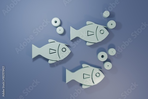 Grey Fish icon isolated on purple-blue background. Minimalism concept. 3D render illustration