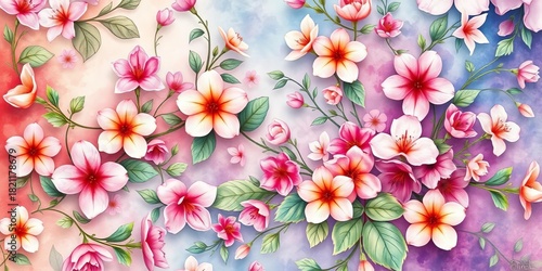 Intricate watercolor floral pattern, soft pastel hues, blooming flowers, leaves, and vines,  floral,  pattern