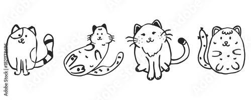 Set of kittens drawn in a doodle style, with simple lines and cute expressions.