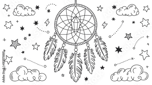 Intricate dreamcatcher design featuring a central glowing crystal perfect for spiritual or bohemian themes