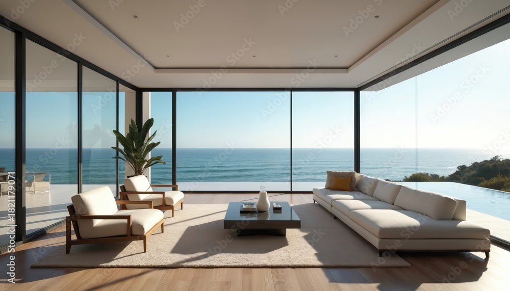 Fototapeta premium Luxury modern living room with panoramic ocean views through floor-to-ceiling windows. Minimalist decor, white sofa, armchairs, and coffee table create spacious seating. Infinity pool visible outside.