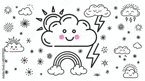 Whimsical cloud icon with playful rain drops and a cheerful sun peeking through for weather forecasts and forecasts