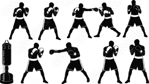 Boxer Training Silhouette Vector Set with Heavy Bag, Featuring Action Poses like Jab, Cross, Guard, and Stance, Ideal for Fighting, Sport, and Fitness Graphics