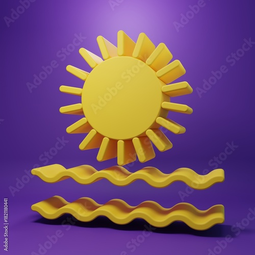 Yellow Sun and waves icon isolated on purple background. Minimalism concept. 3D render illustration