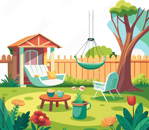 Cozy backyard with hanging chair and plants in pots House patio with fence, furniture for picnic green grass and tree Summer landscape of yard Vector cartoon illustration 
