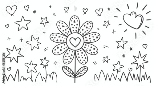 Artistic doodle illustration of a flower with unique petal shapes and vibrant color accents