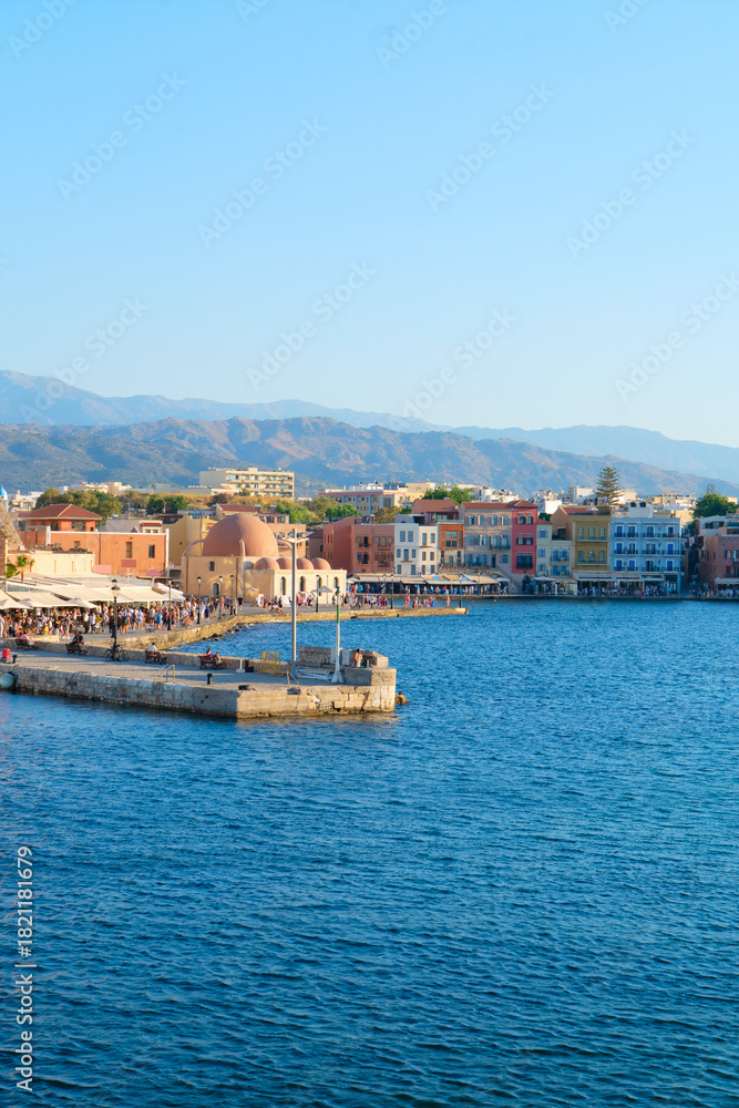Fototapeta premium venetian habour of Chania with historical houses at sunny day, Crete, Greece