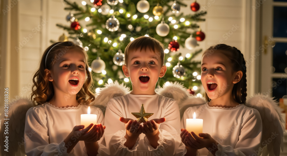 Fototapeta premium Three children in angel costumes singing christmas carols. A young choir with candles and a star in front of a festive tree. Holiday season celebration and nativity performance