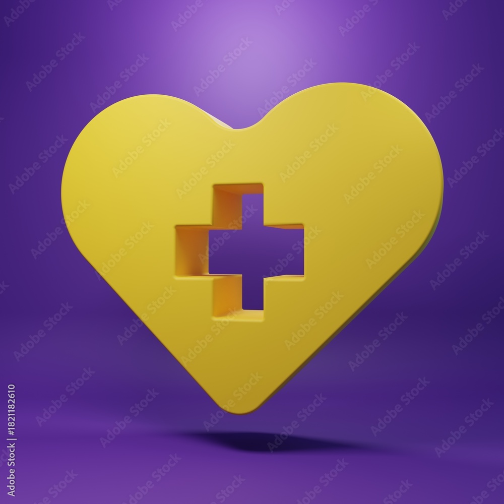 Obraz premium Yellow Heart with a cross icon isolated on purple background. First aid. Healthcare, medical and pharmacy sign. Minimalism concept. 3D render illustration