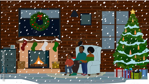 Family gathered by the fireplace with christmas tree and wreath during a snowy christmas celebration