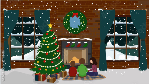 A christmas scene with a family sitting by the fireplace and a decorated christmas tree in the snow falling