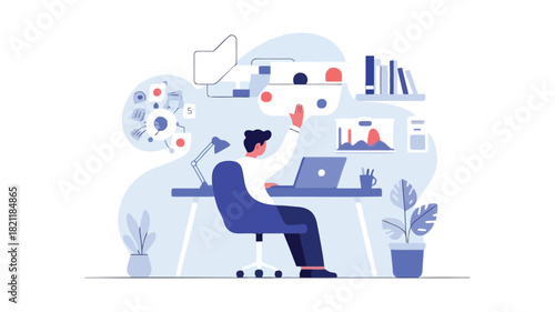 Modern business illustration depicting a person optimizing their workspace for productivity and efficiency featuring clean lines and a professional color palette