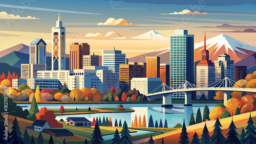 Very beautiful view of the Portland, Oregon, USA skyline, featuring modern high-rise buildings, bridges over the Willamette River, and a panoramic urban landscape under clear daylight.