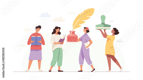 A vibrant graphic illustration featuring a group of four stylized figures with one prominently holding a bright blue object rendered in a clean modern vector art style with a diverse color palette