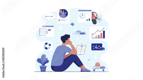 A person thoughtfully reviewing their day and planning future tasks depicted with clean vector graphics and a vibrant color palette ideal for productivity and organizational themes