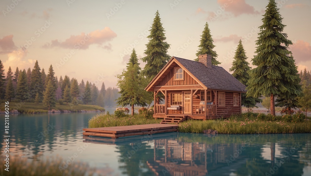 Fototapeta premium Tranquil Lakeside Cabin Surrounded by Lush Trees and Calm Water